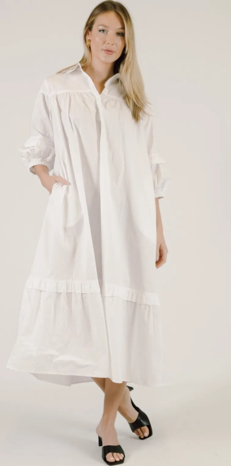 Jasmine Poplin Puff Sleeve Collared Midi Dress