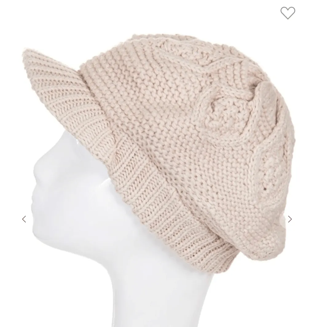 Knit Flower Aran Visor Beanie Cap Hat - H20118