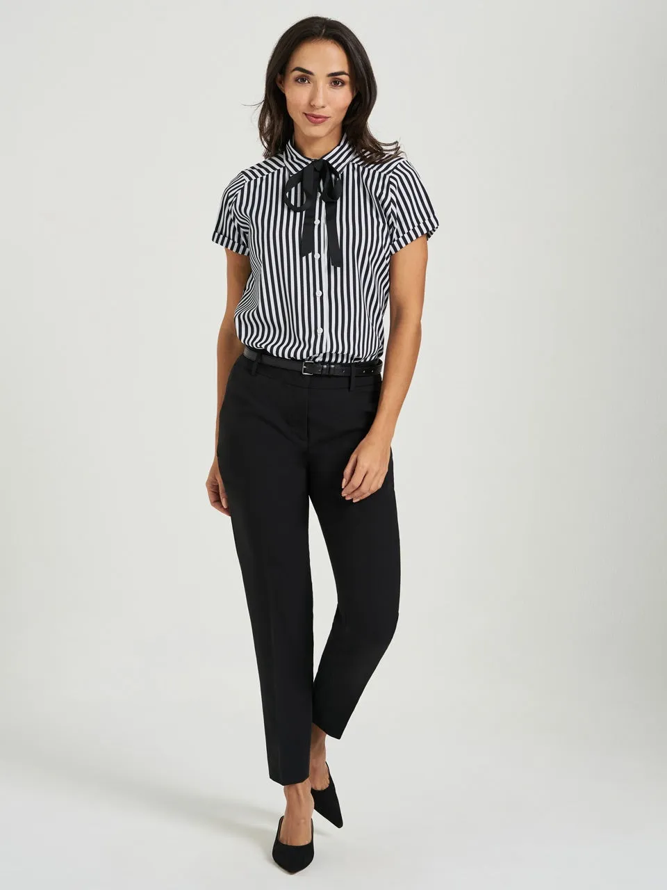 Ladies' Boyfriend Blouse Short Sleeve - Black/White Stripe