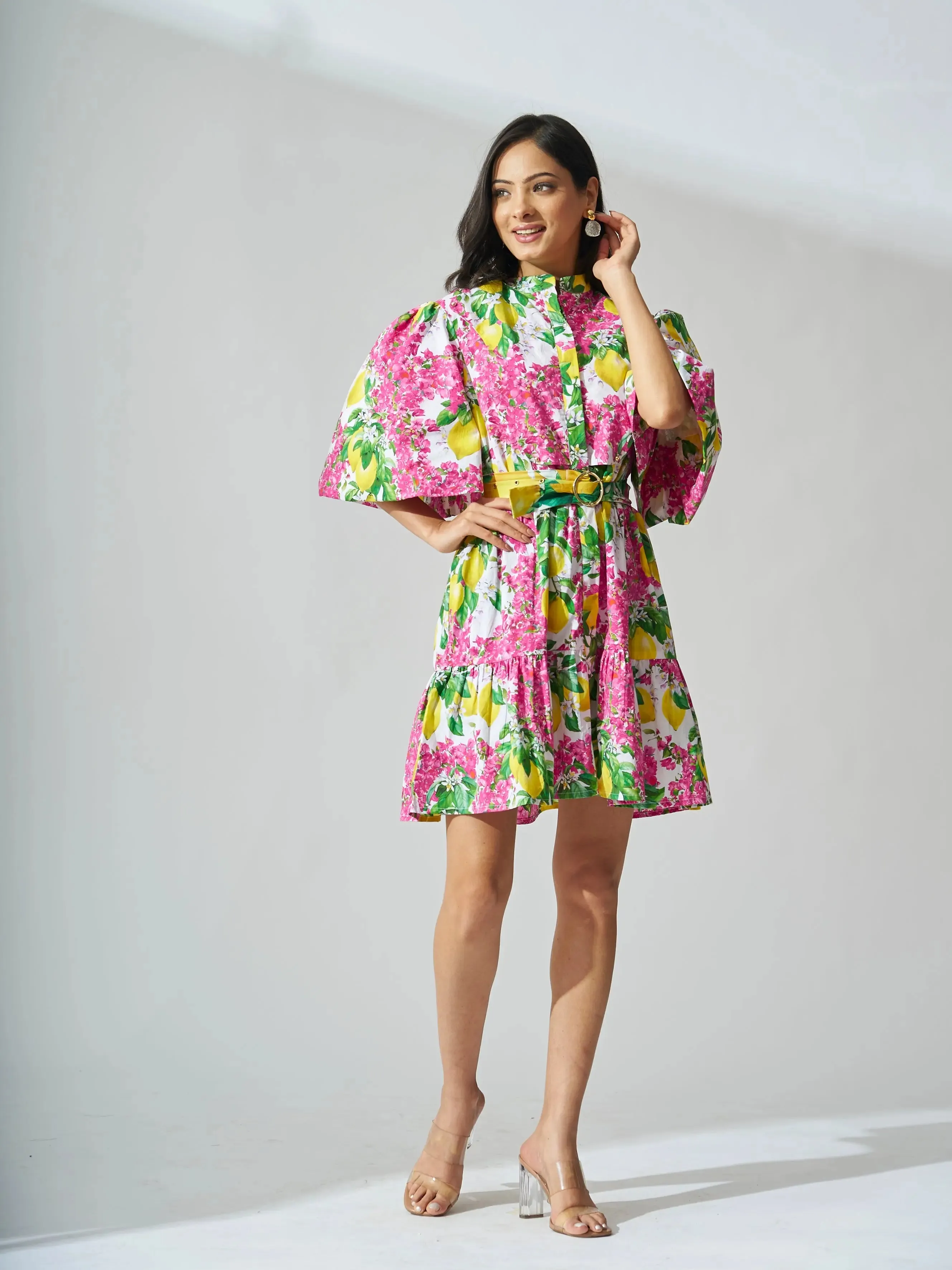 Lemon Ruffle Fantasy Print Cotton Mini Dress