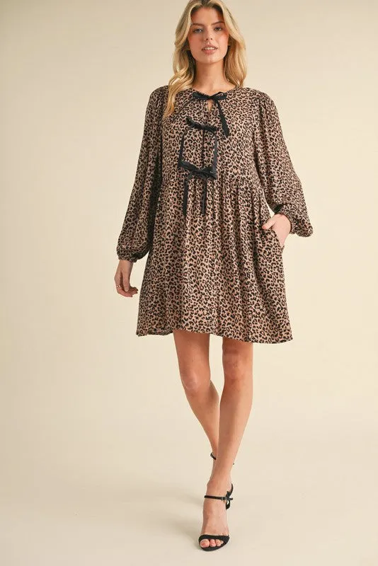 Leopard Print Bow Tie Mini Dress