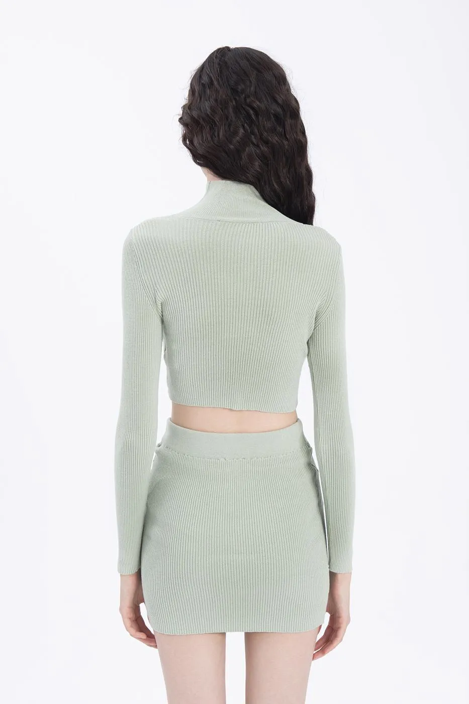 Light Khaki Stand Collar Crop Knitted Blouse