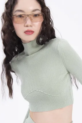 Light Khaki Stand Collar Crop Knitted Blouse