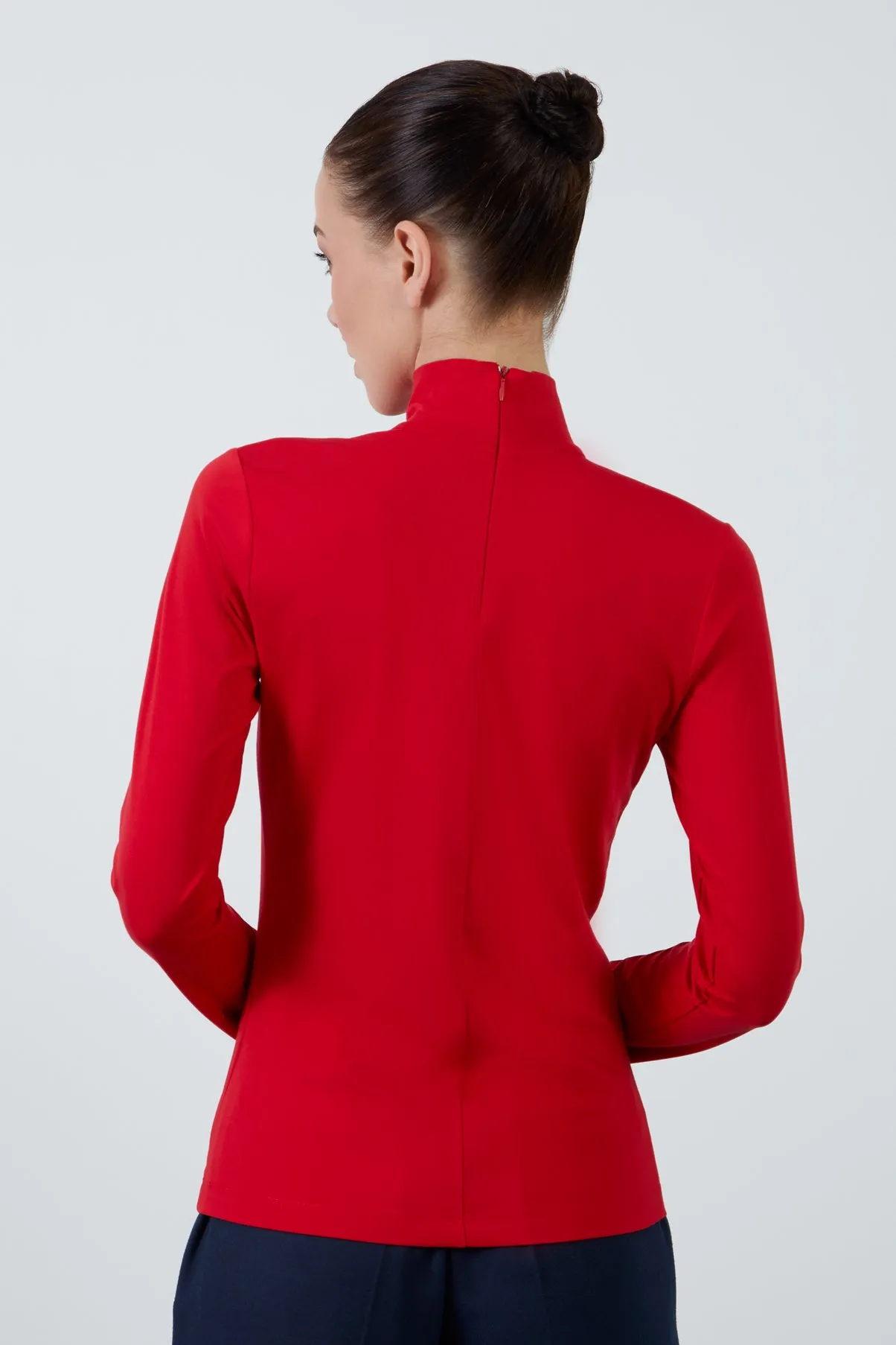 Long Sleeve Knitted Red Blouse with Zipper Back Turtleneck