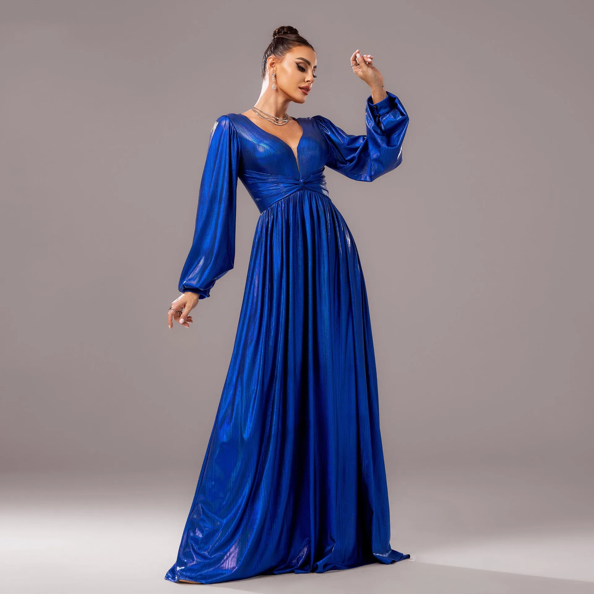 Long Sleeved V Neck Twisted Evening Dress