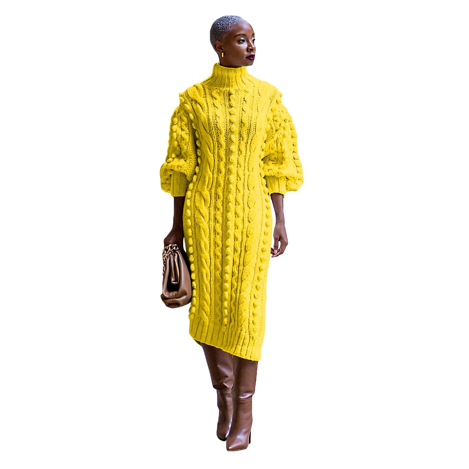 Luna Women's Casual Turtleneck Slit Knitted Long Dress