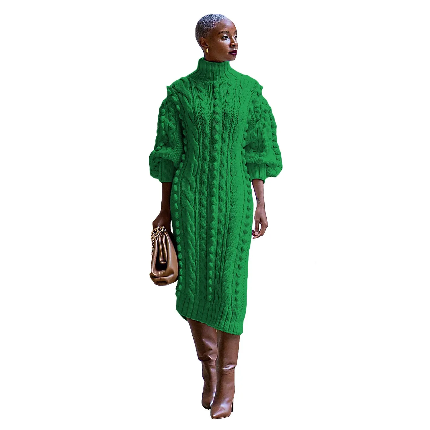 Luna Women's Casual Turtleneck Slit Knitted Long Dress
