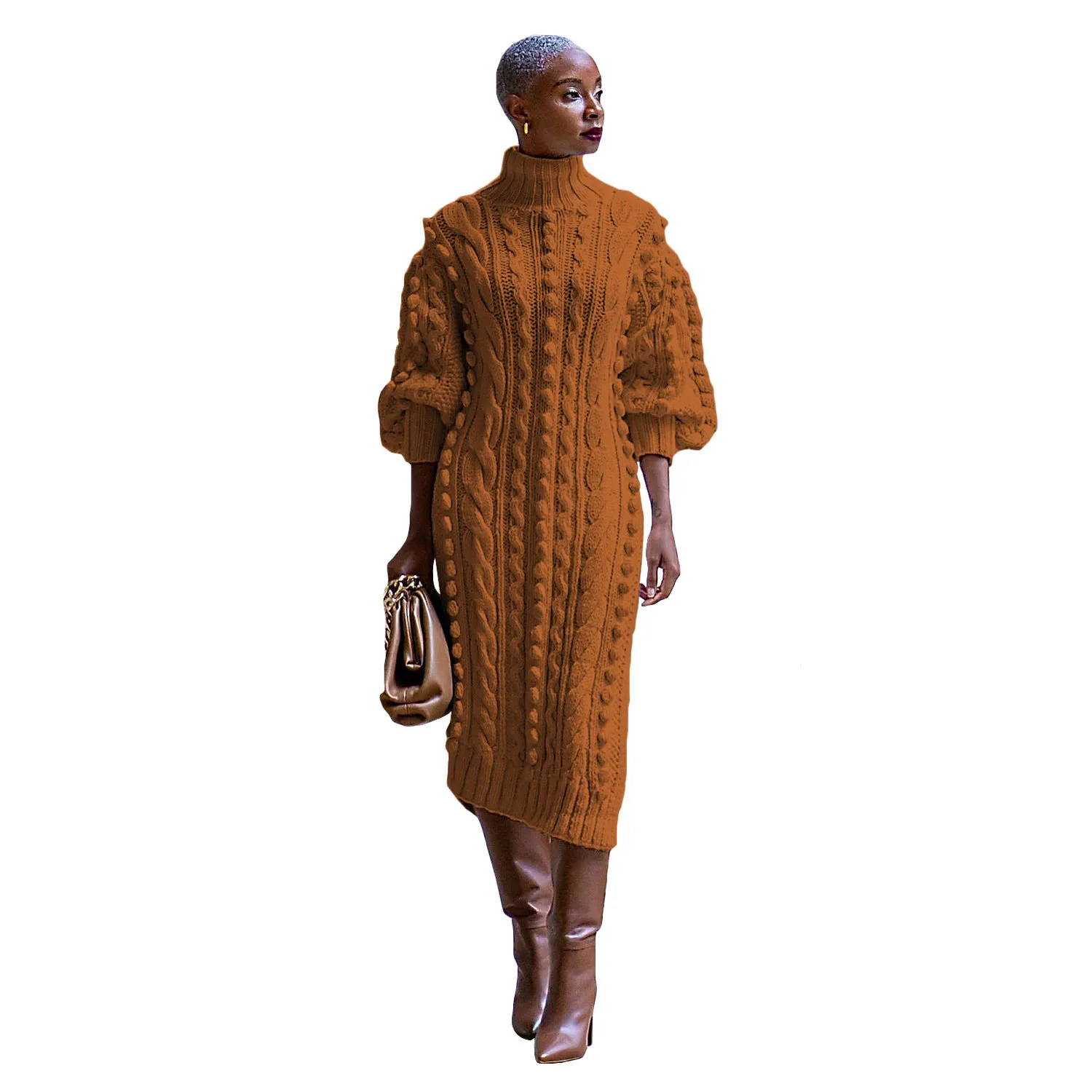 Luna Women's Casual Turtleneck Slit Knitted Long Dress