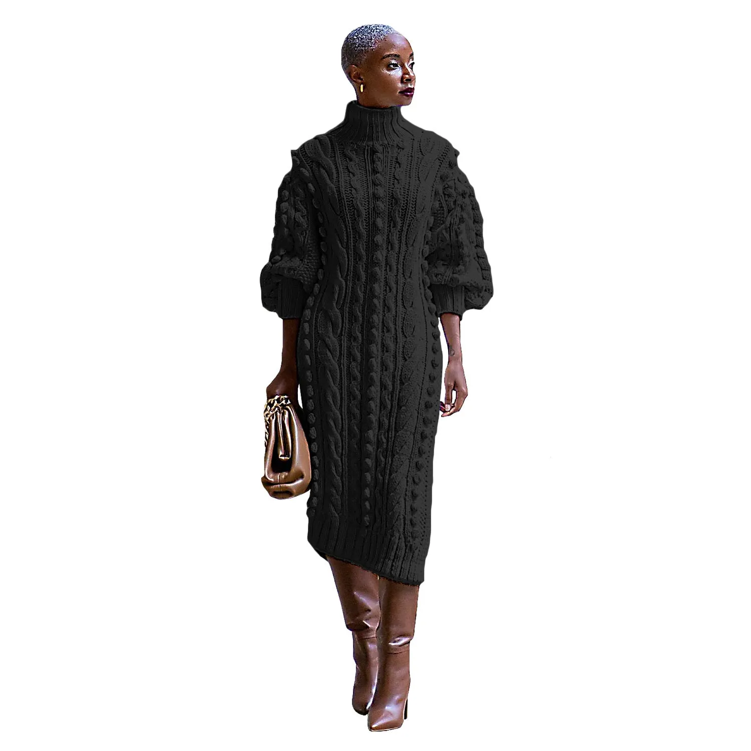 Luna Women's Casual Turtleneck Slit Knitted Long Dress