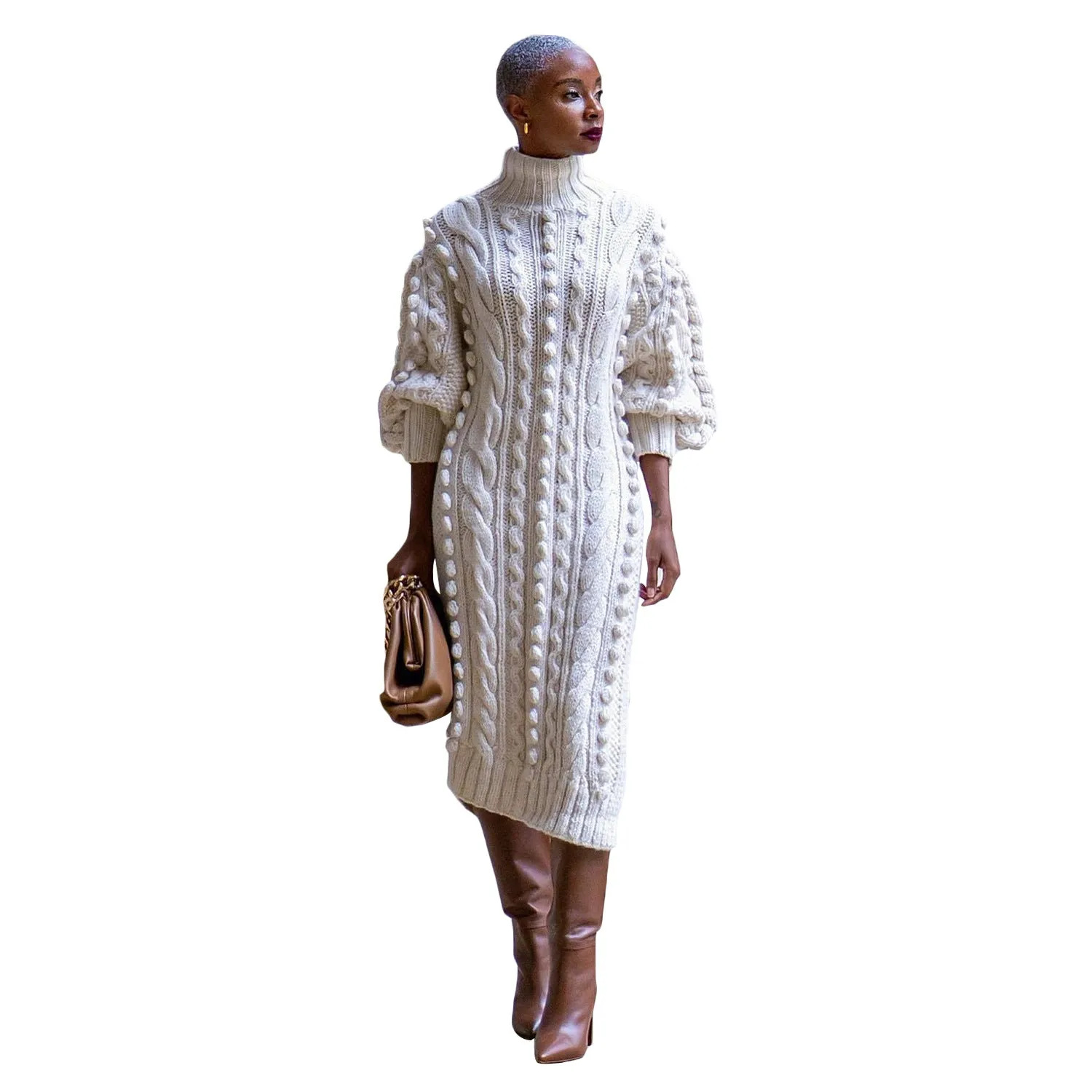 Luna Women's Casual Turtleneck Slit Knitted Long Dress