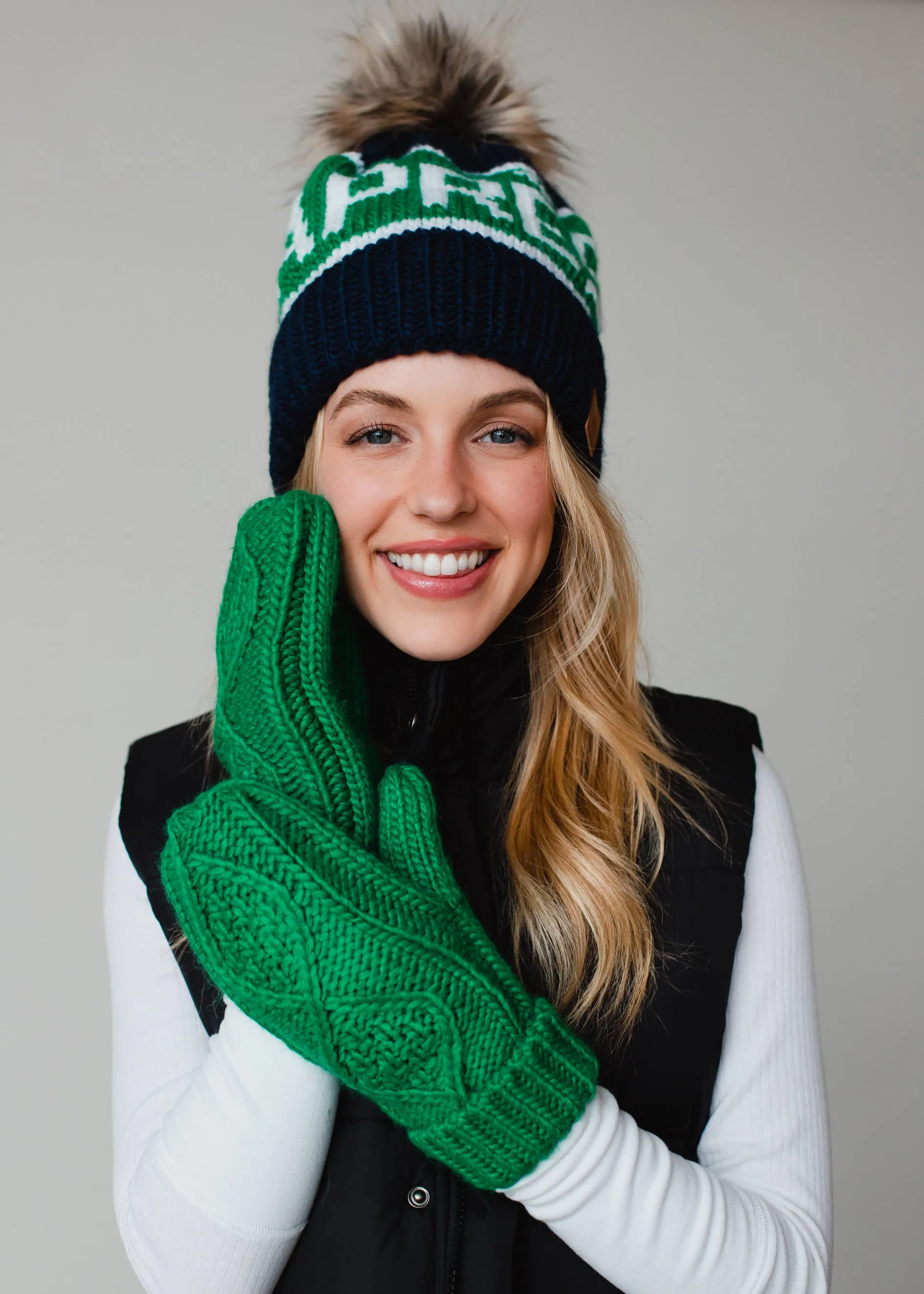 Navy, Green & White Apres Pom Hat
