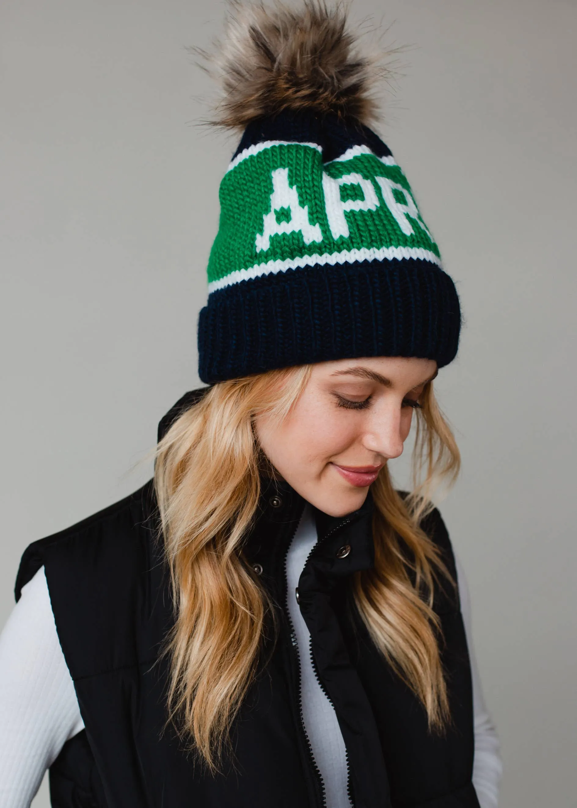 Navy, Green & White Apres Pom Hat