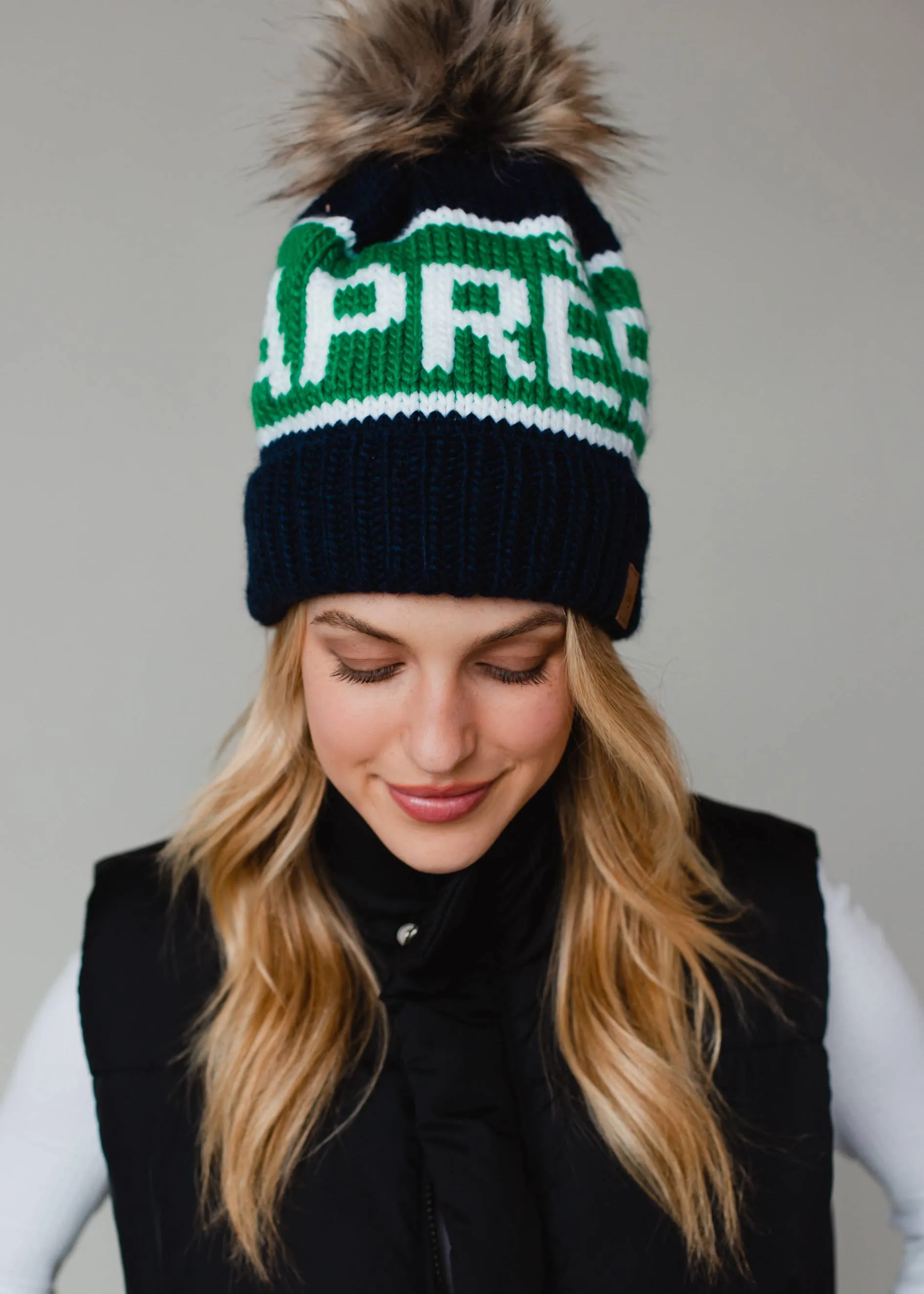 Navy, Green & White Apres Pom Hat