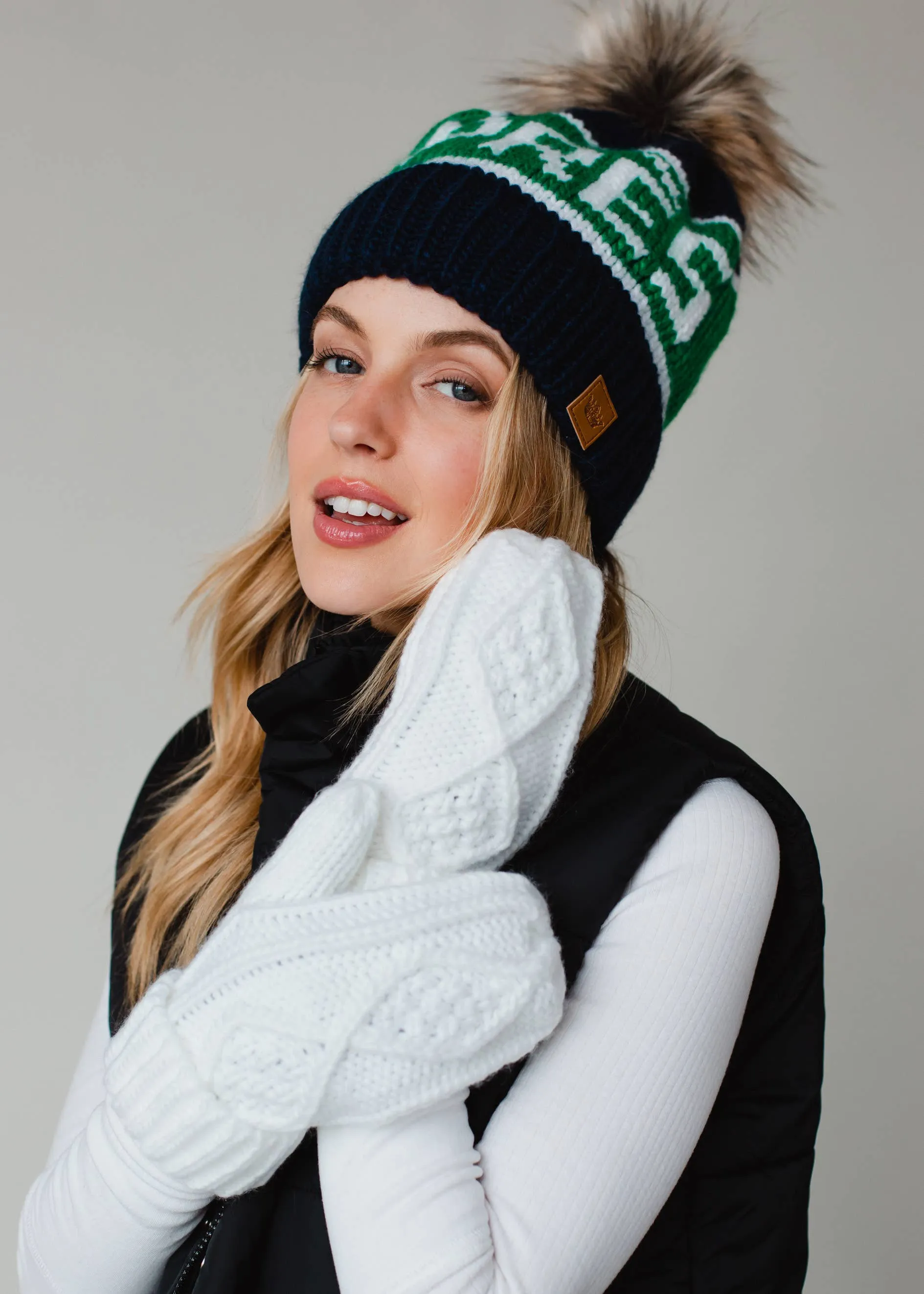 Navy, Green & White Apres Pom Hat