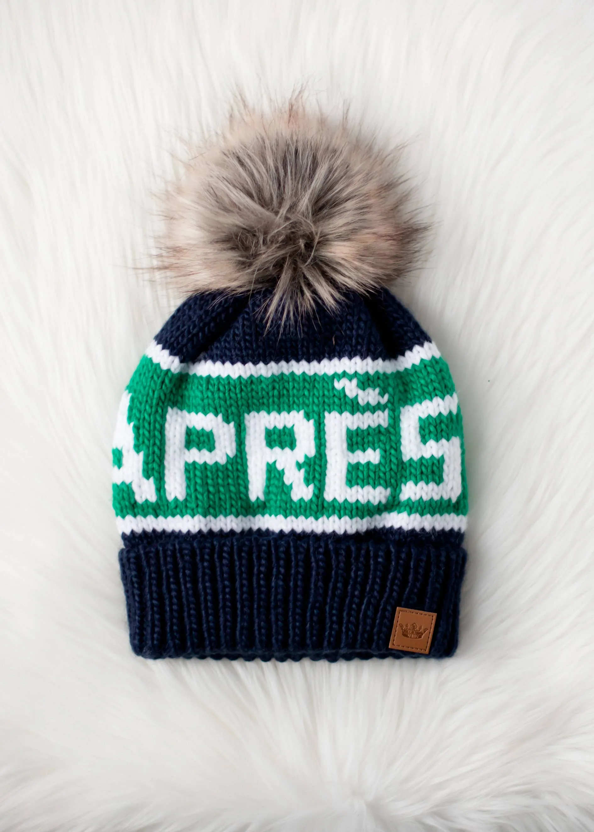 Navy, Green & White Apres Pom Hat