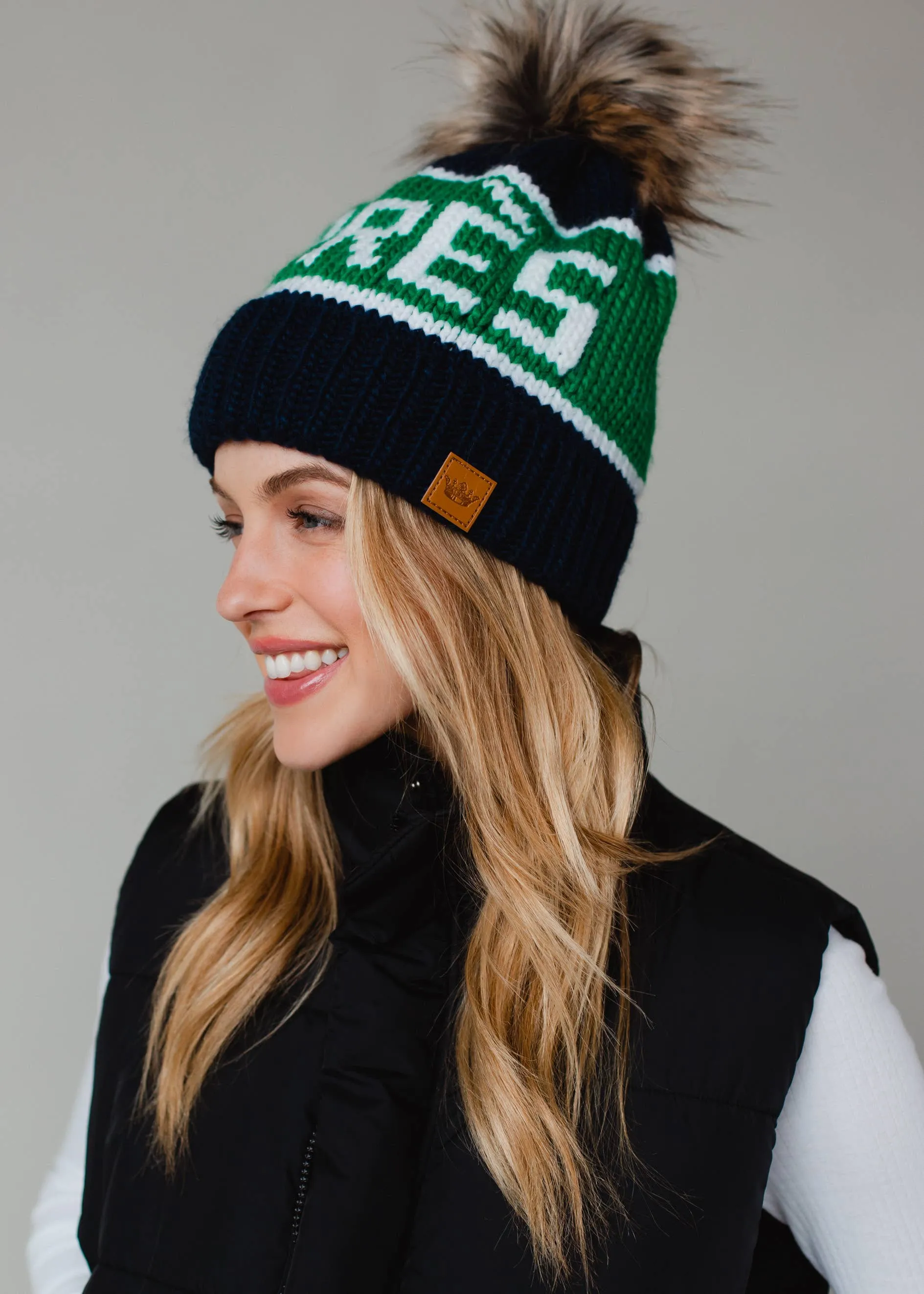 Navy, Green & White Apres Pom Hat