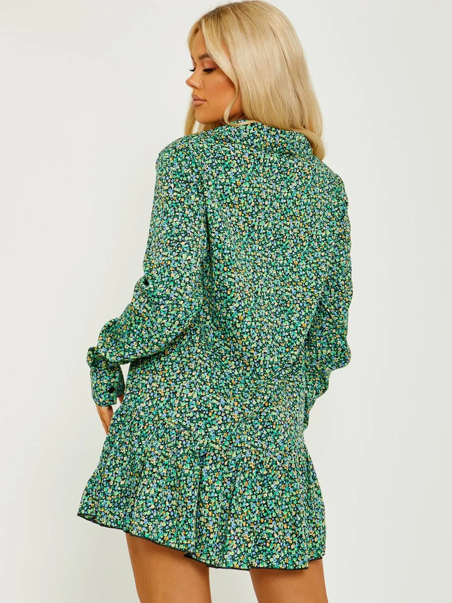 Naylla Ditsy Floral Frill Hem Buttoned Shirt Dress In Green