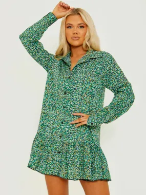 Naylla Ditsy Floral Frill Hem Buttoned Shirt Dress In Green