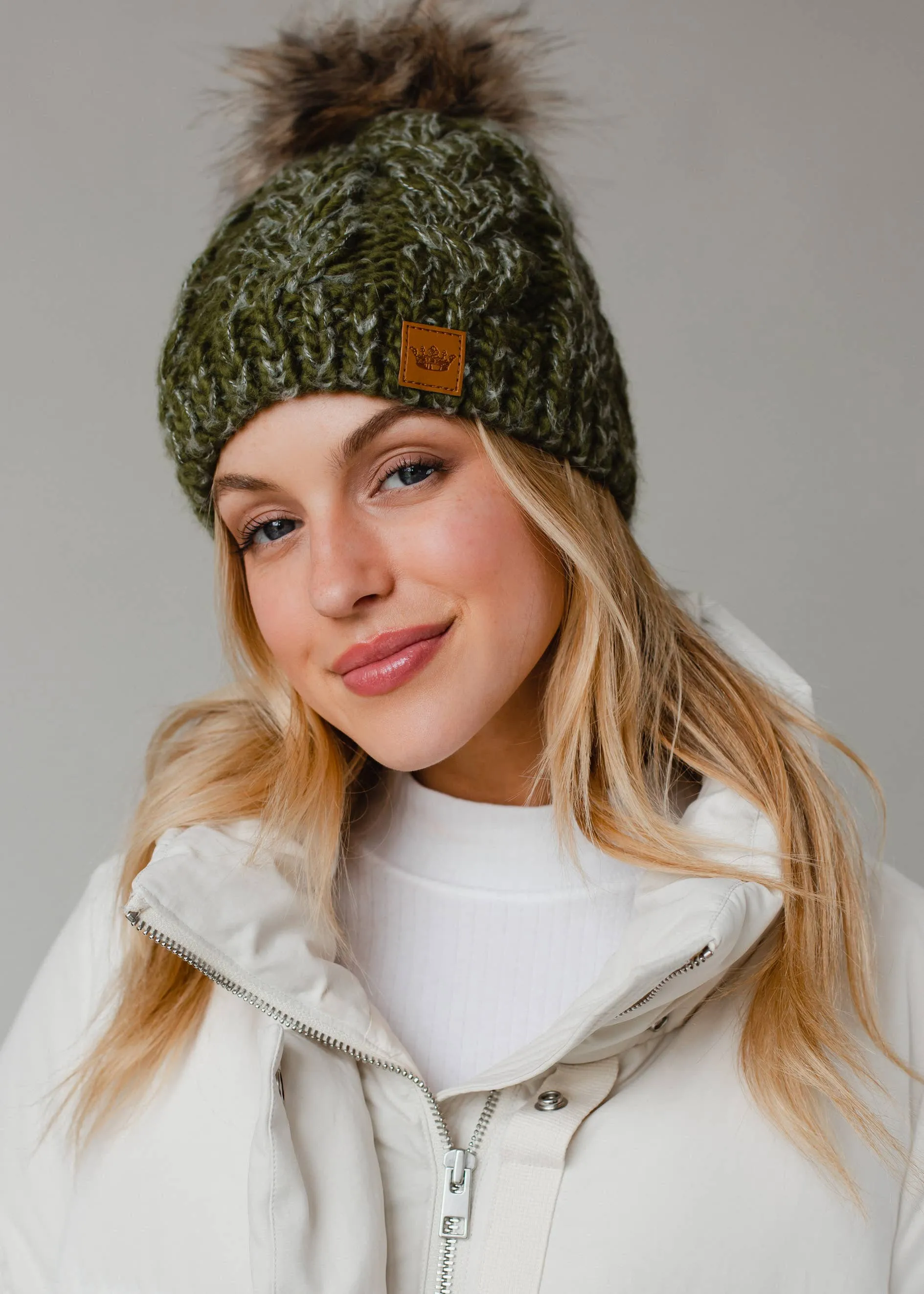 Olive Cable Knit Pom Hat