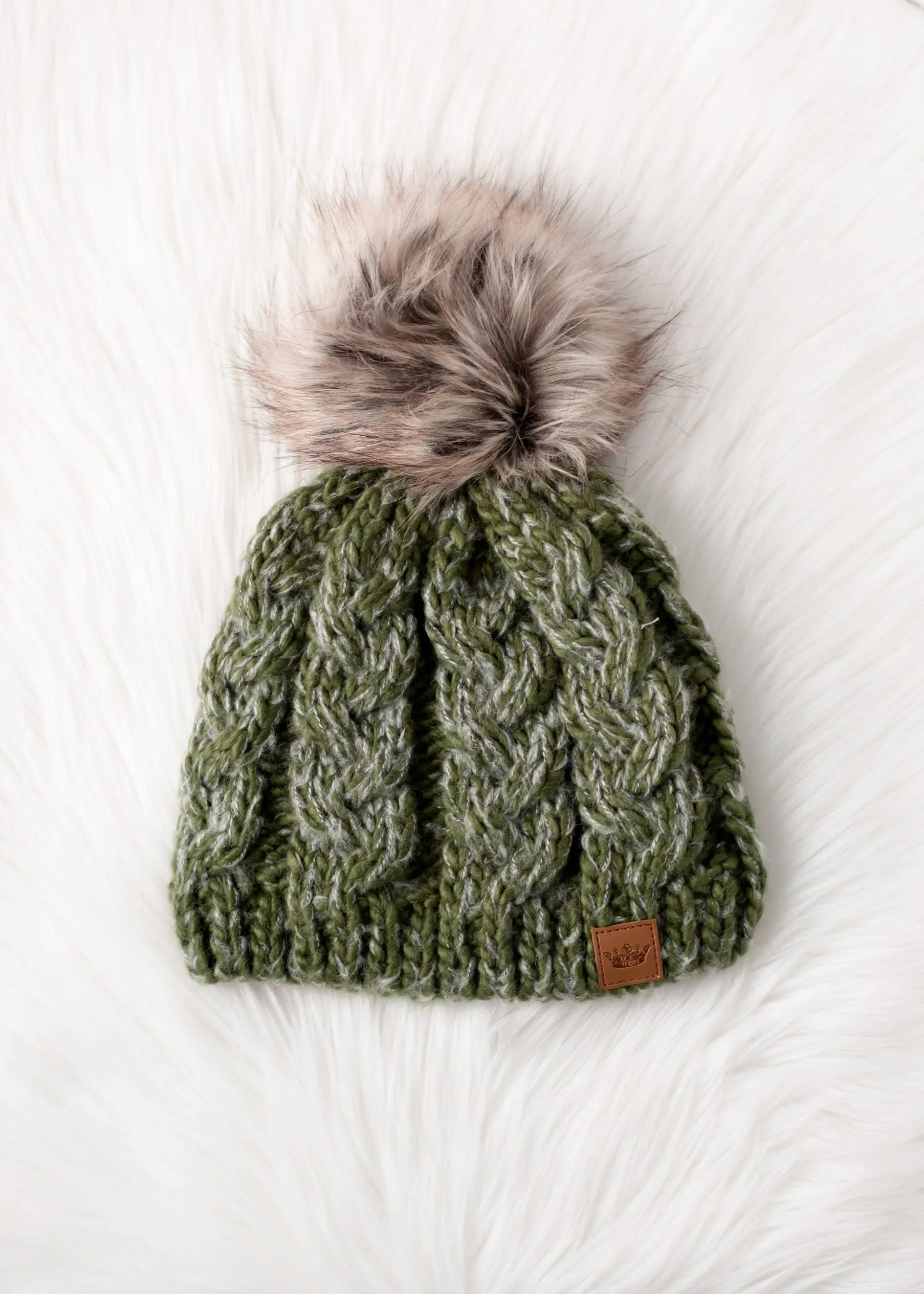 Olive Cable Knit Pom Hat