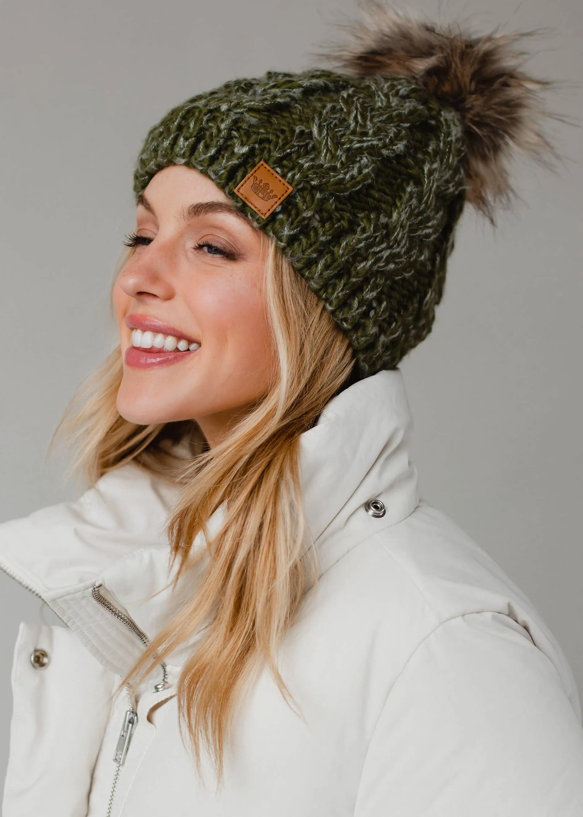 Olive Cable Knit Pom Hat