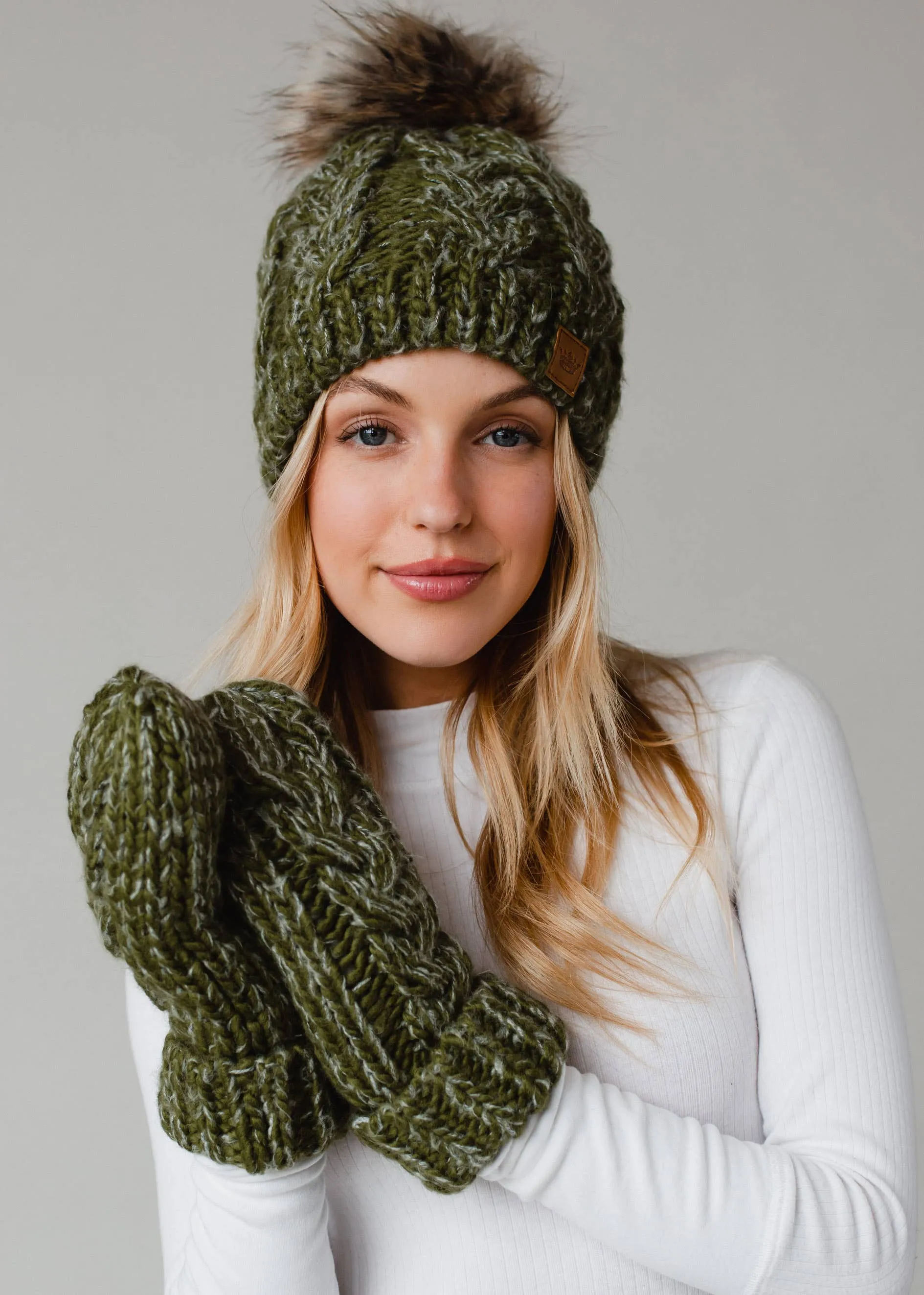 Olive Cable Knit Pom Hat