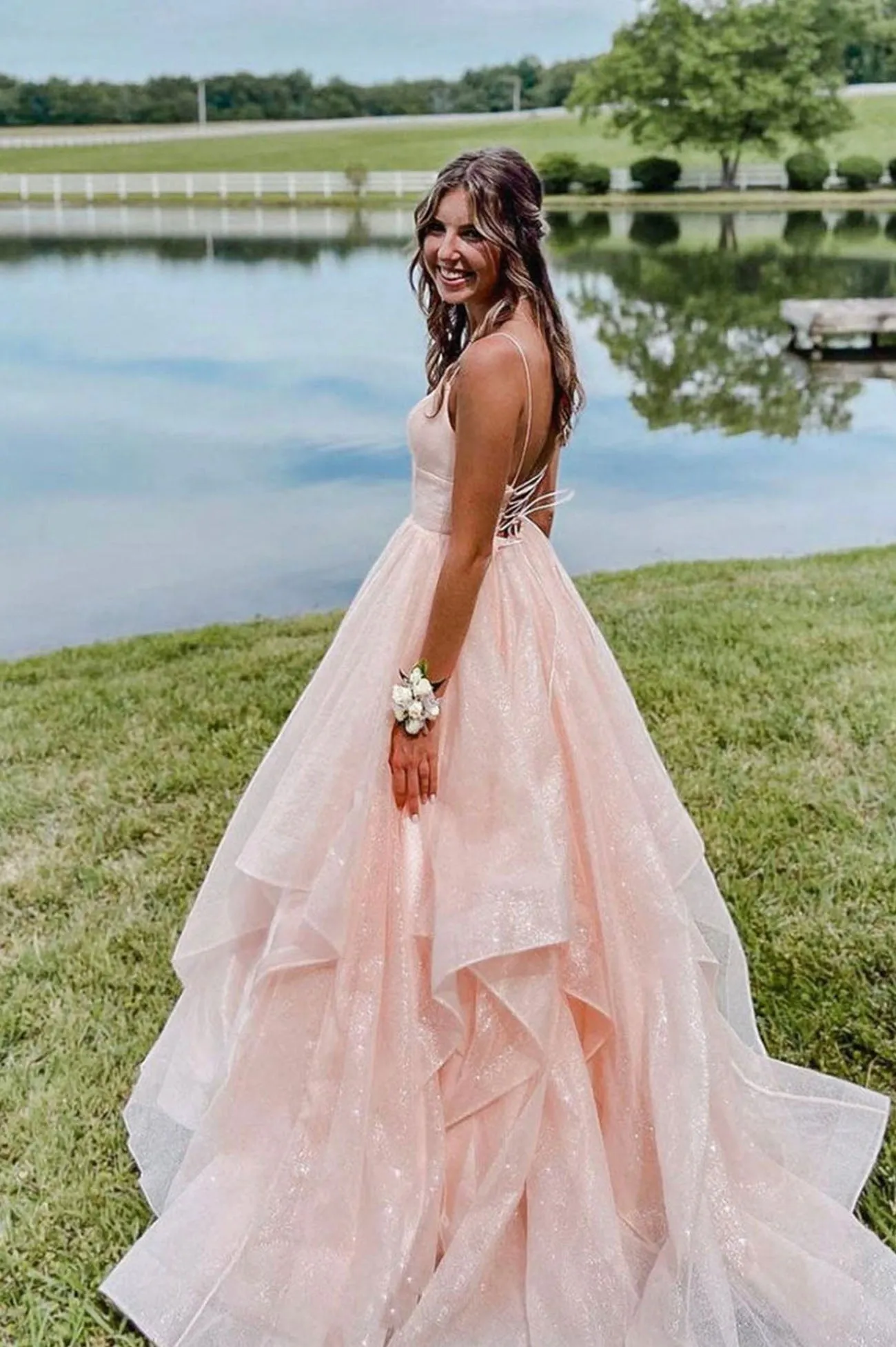 Pink Spaghetti Strap Tulle Long Prom Dress, Beautiful A-Line Evening Party Dress