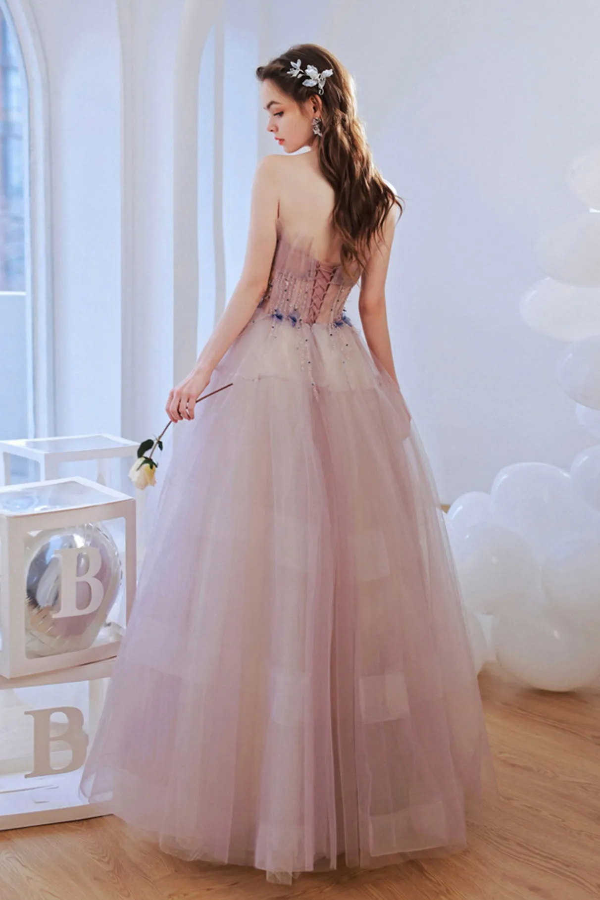 Pink Strapless Tulle Long Prom Dress with Beaded, Lovely Pink Evening Dress