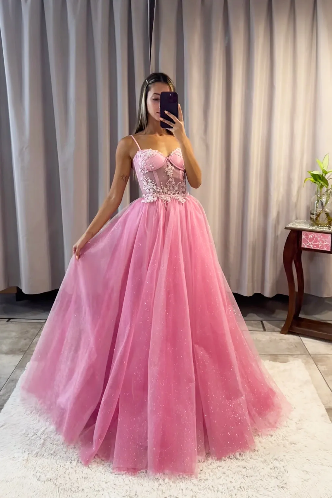 Pink Tulle Lace Long Prom Dress, Lovely A-Line Spaghetti Strap Formal Dress