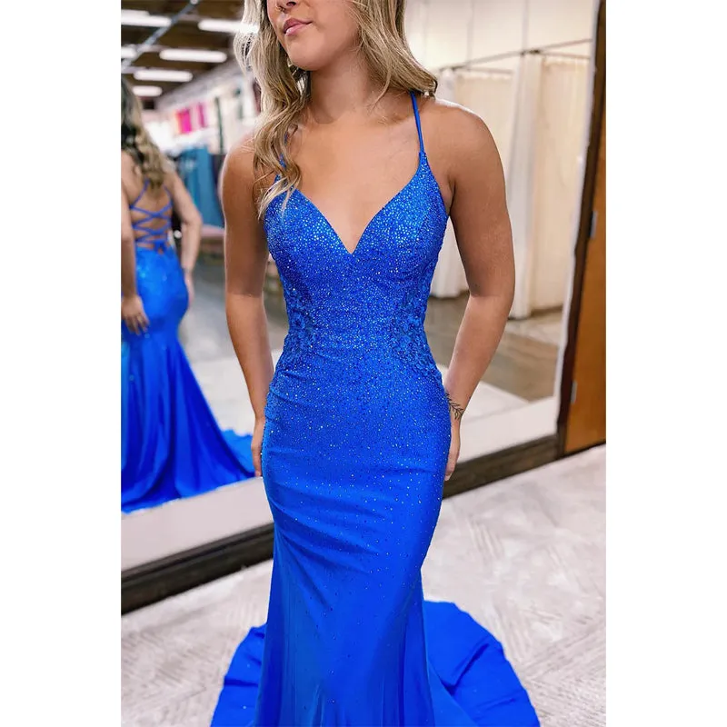 Plunging V-neck Beaded Mermaid Long Prom Dress