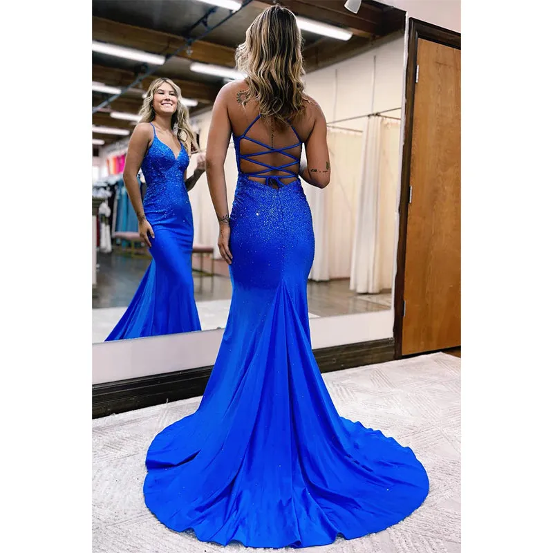 Plunging V-neck Beaded Mermaid Long Prom Dress