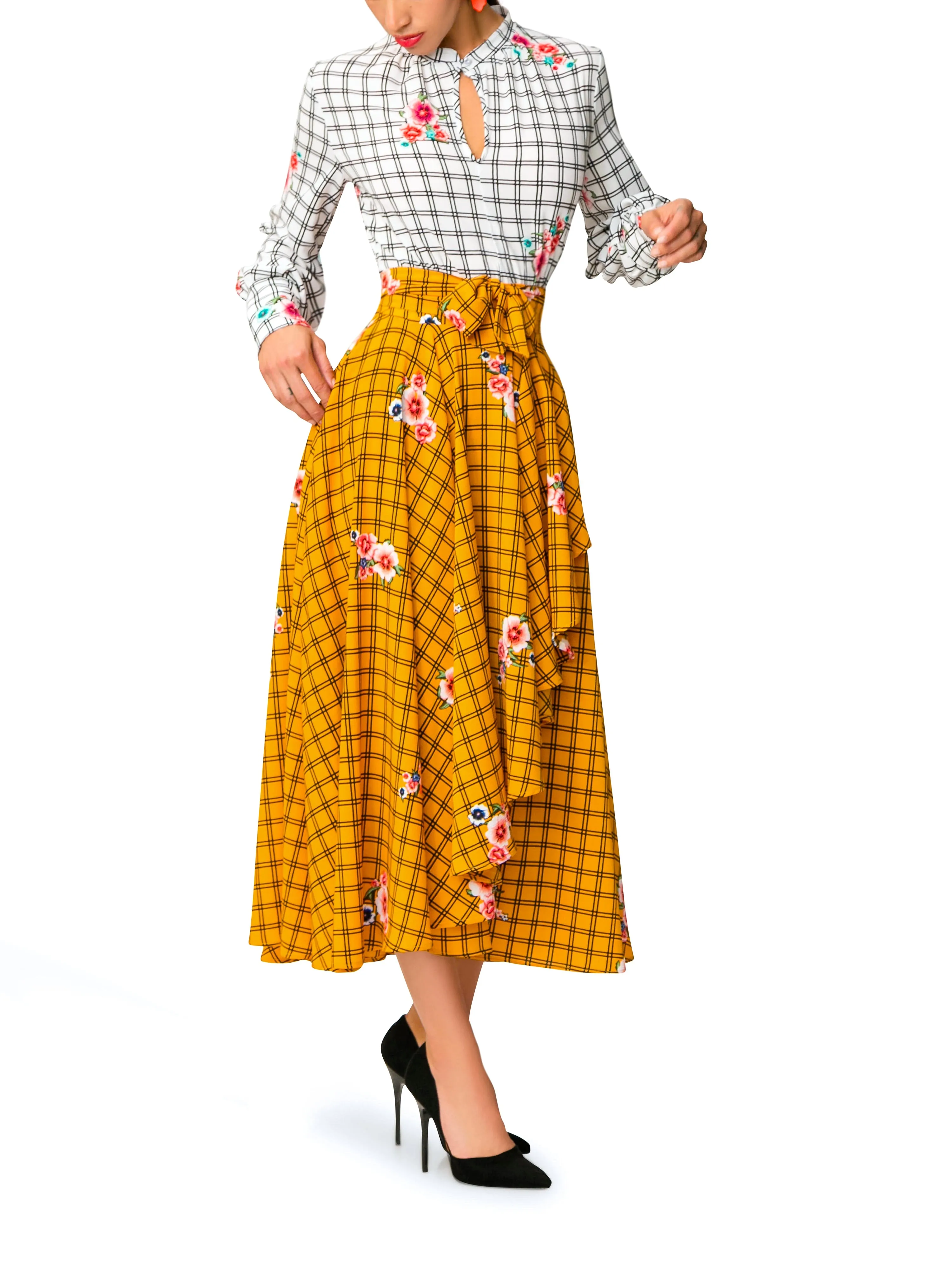 "Esperanza" White and Yellow Windowpane Floral Dress