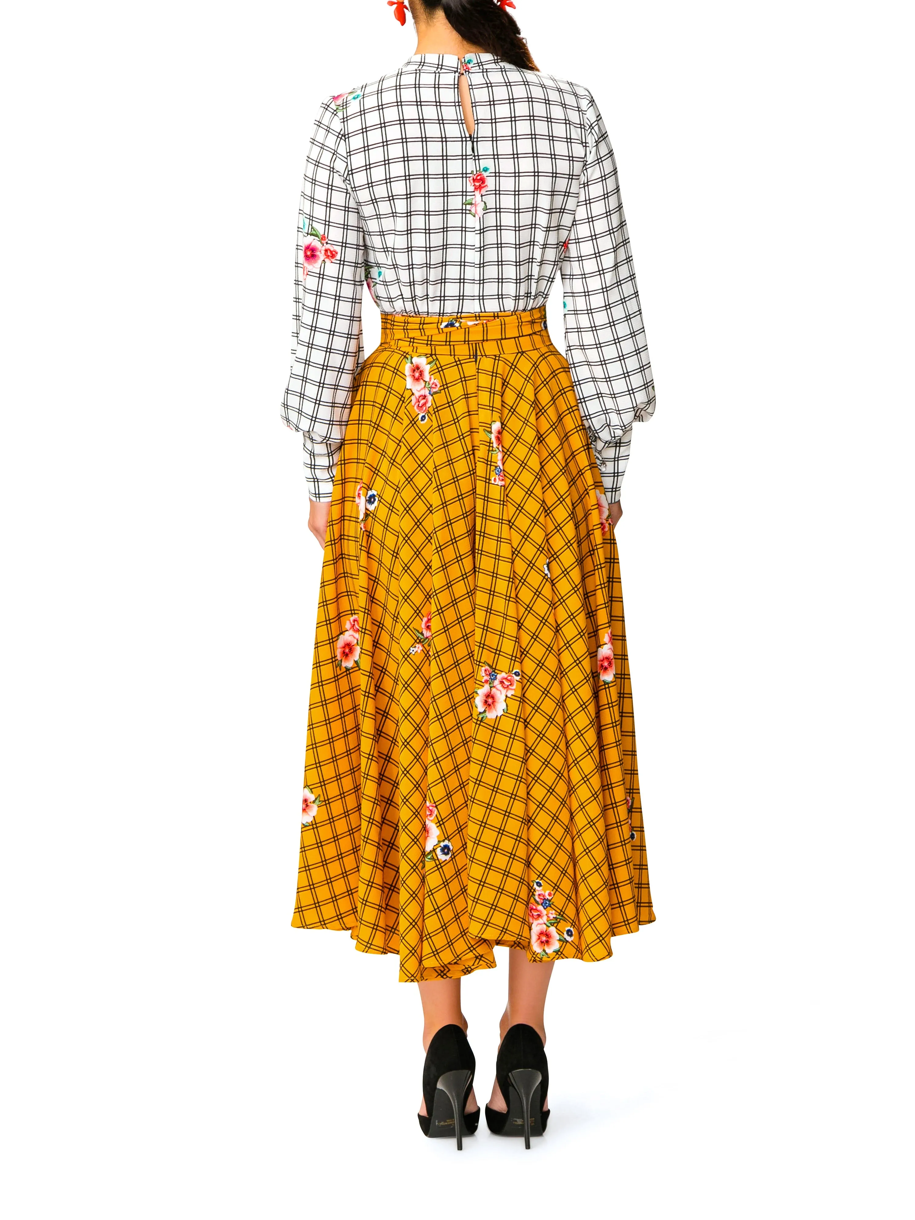 "Esperanza" White and Yellow Windowpane Floral Dress