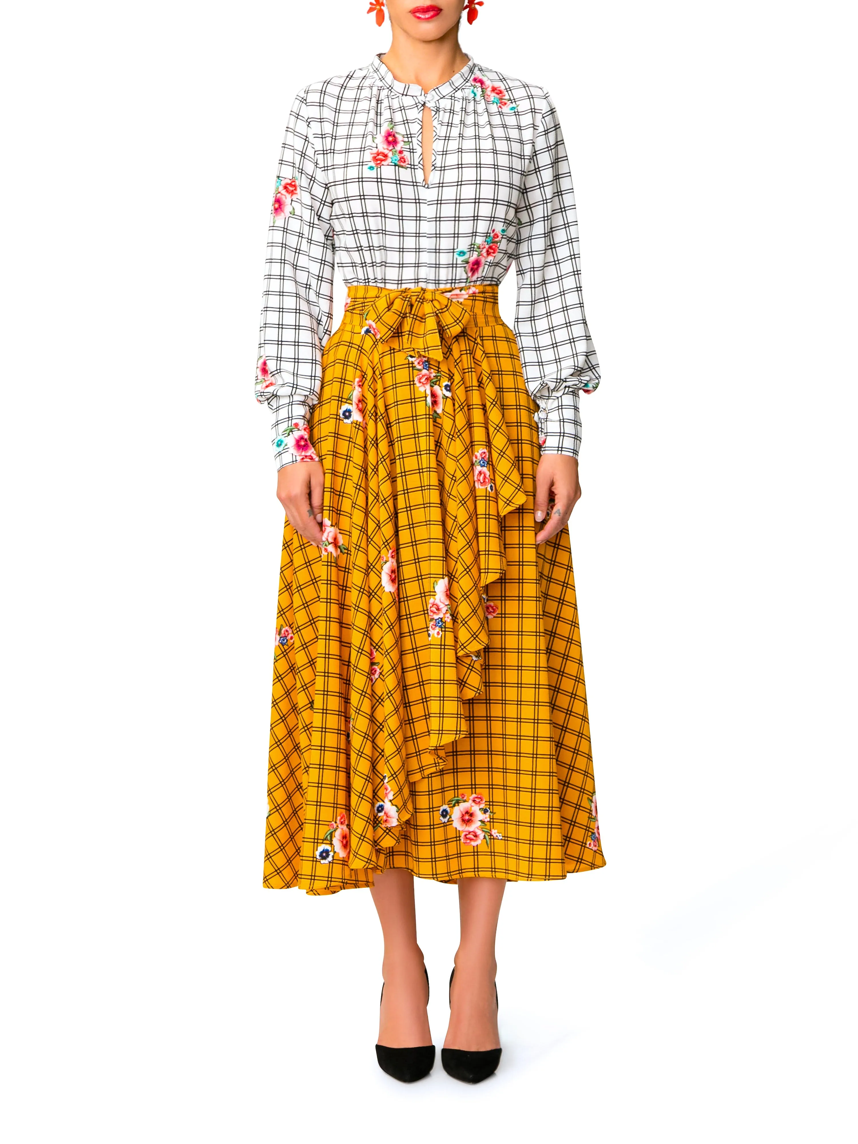 "Esperanza" White and Yellow Windowpane Floral Dress