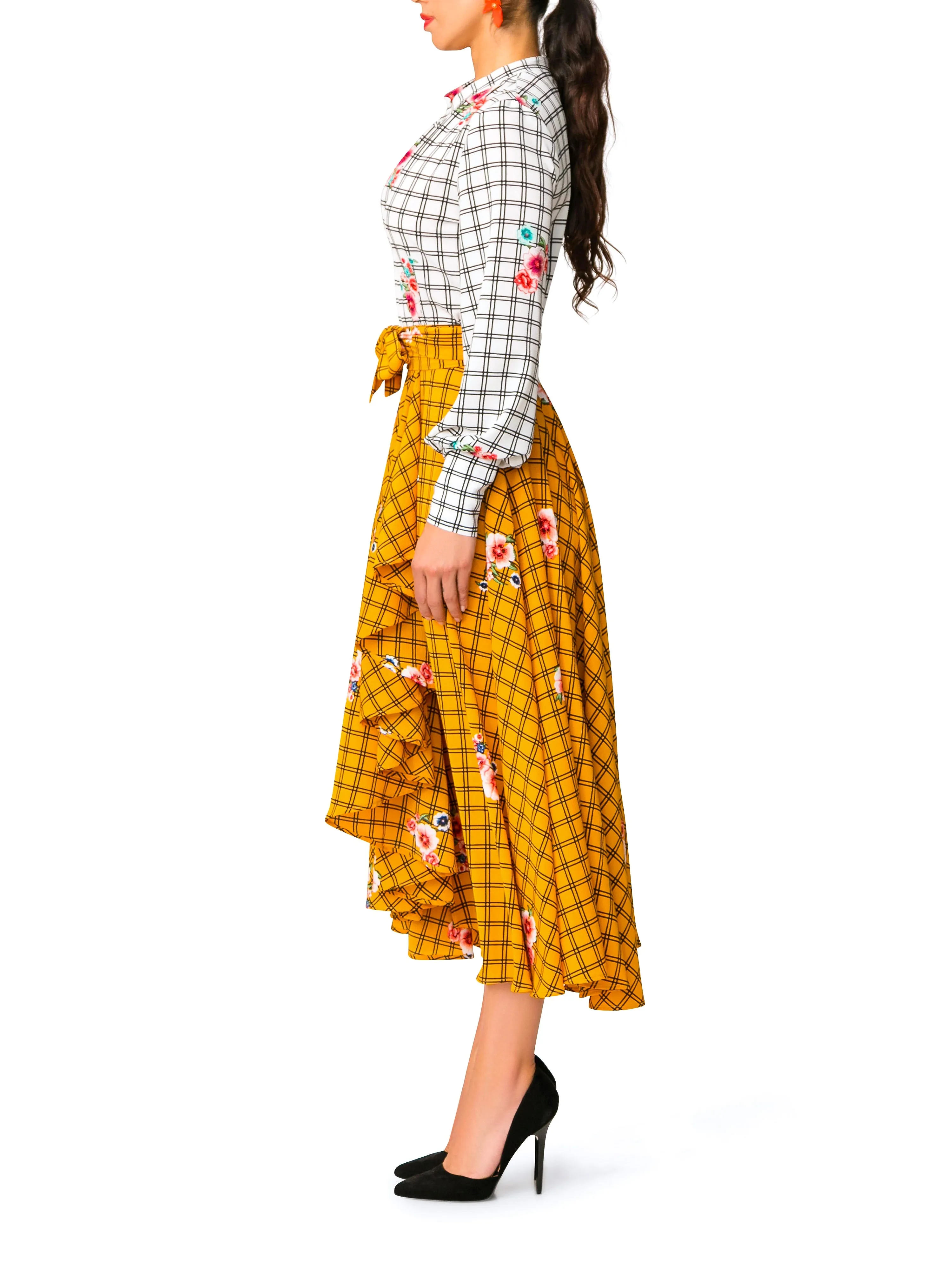 "Esperanza" White and Yellow Windowpane Floral Dress