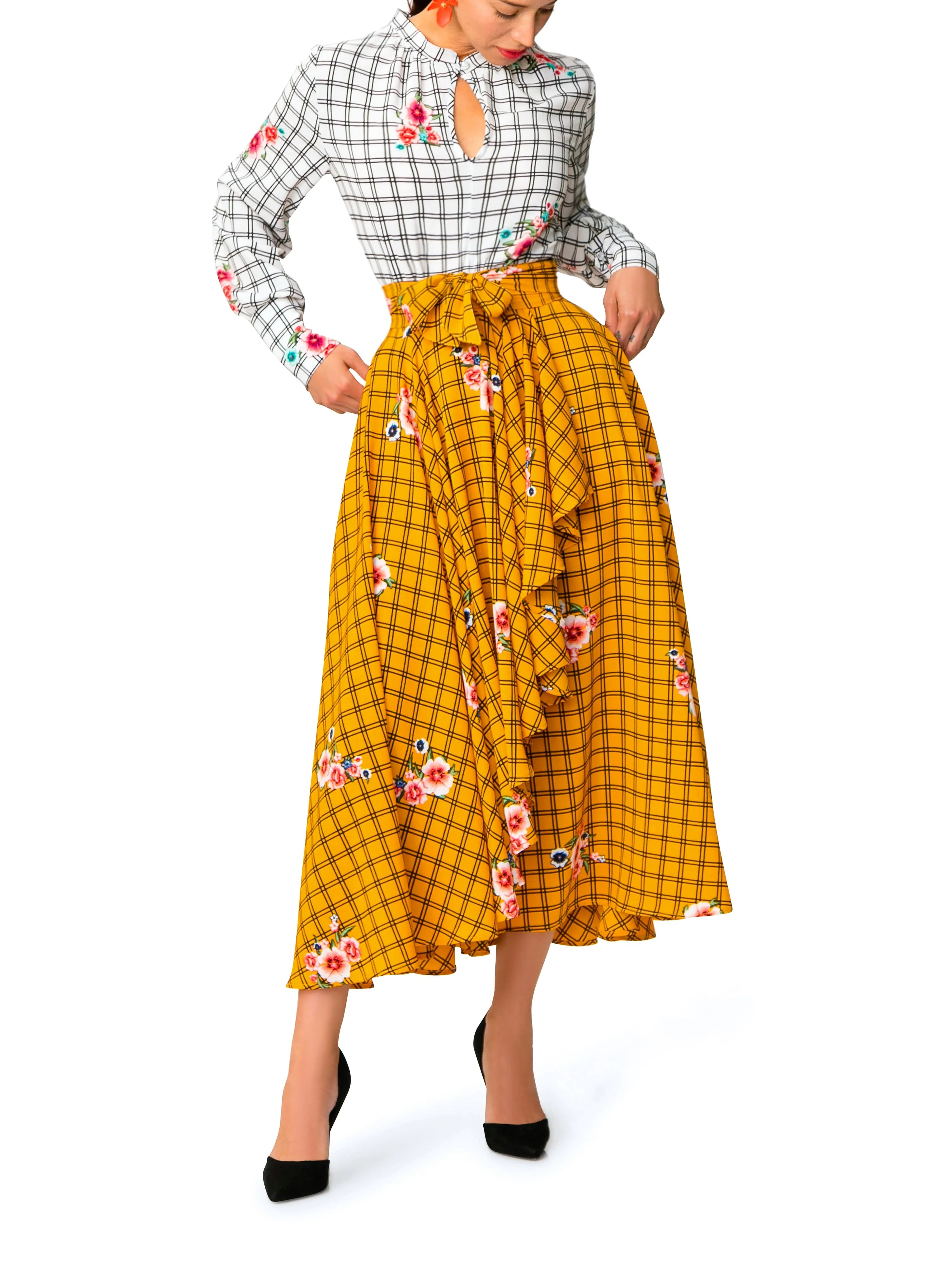 "Esperanza" White and Yellow Windowpane Floral Dress