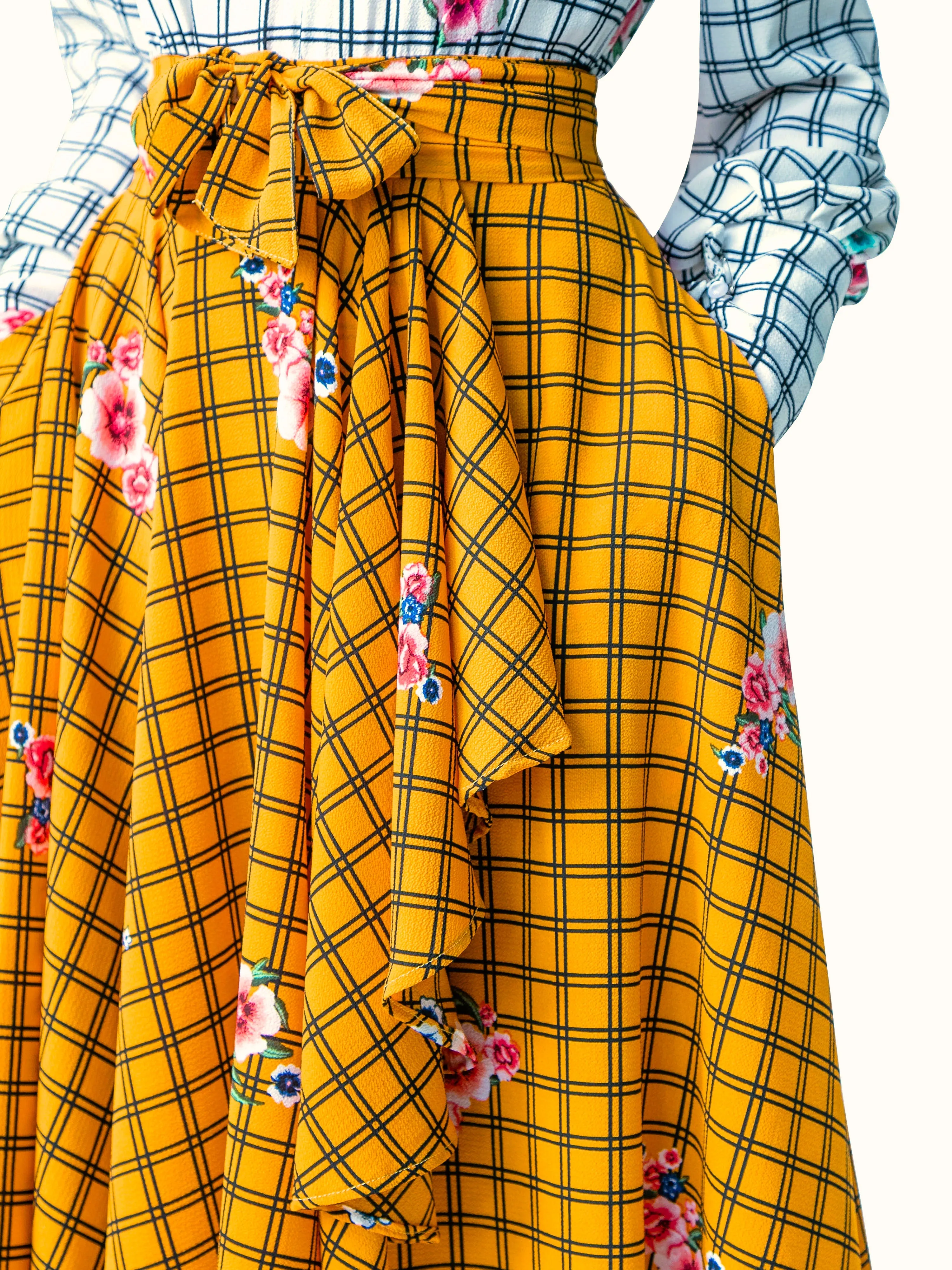 "Esperanza" White and Yellow Windowpane Floral Dress