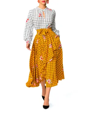 "Esperanza" White and Yellow Windowpane Floral Dress