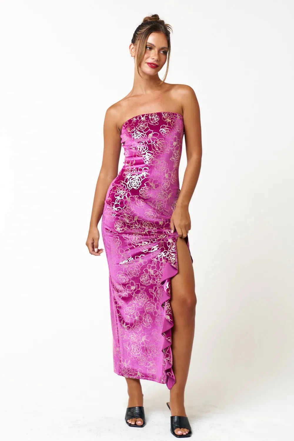 "Guest Of Honor" Magenta Maxi Tube Dress w/ Gold Floral Pattern