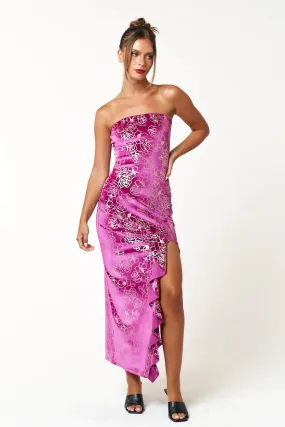 "Guest Of Honor" Magenta Maxi Tube Dress w/ Gold Floral Pattern