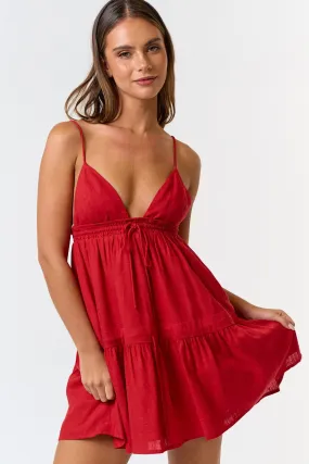 "July Love" Red Linen Flare Sundress