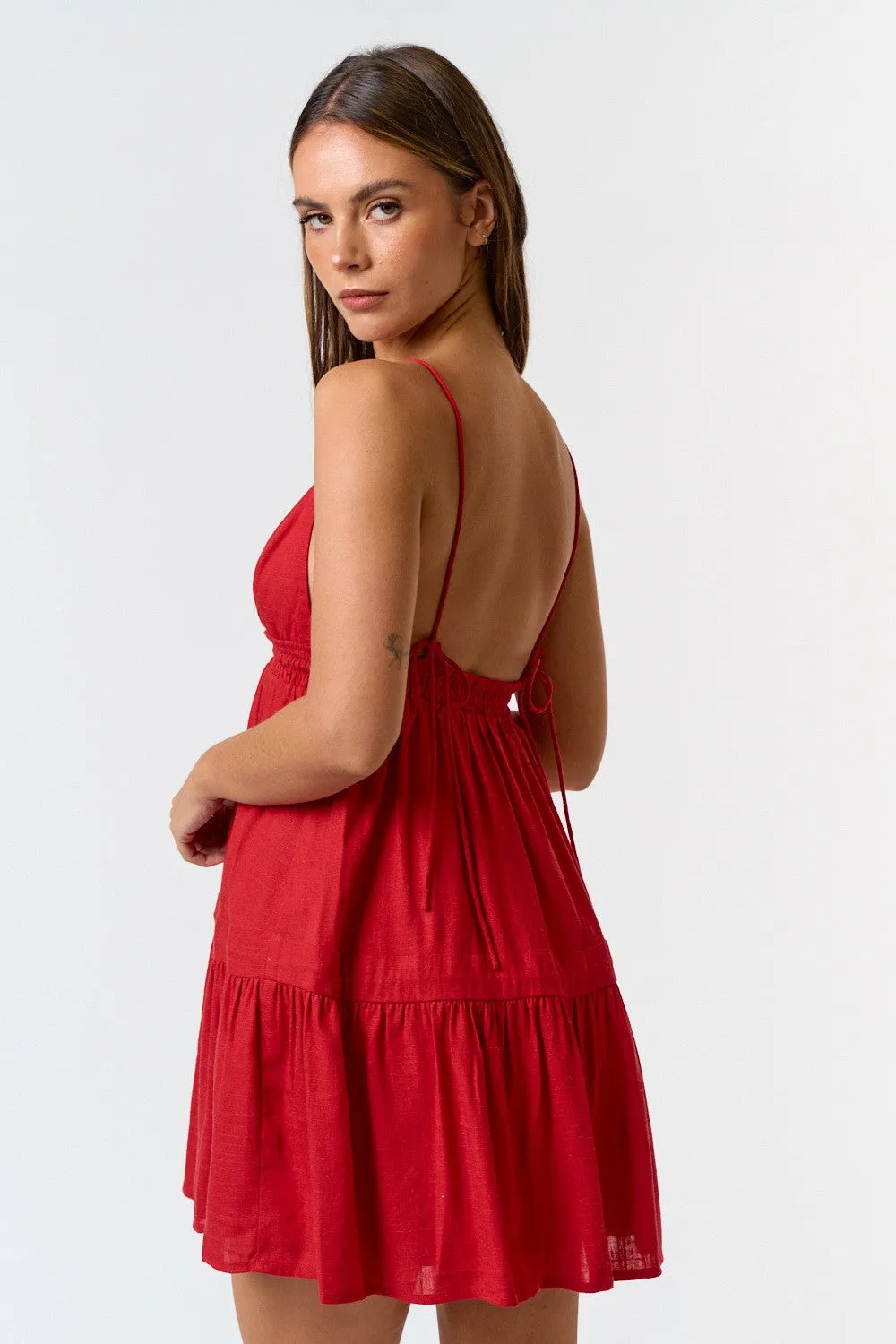 "July Love" Red Linen Flare Sundress