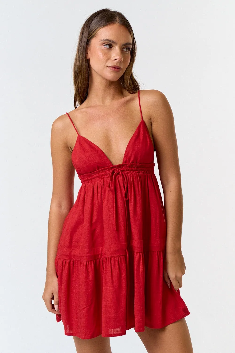 "July Love" Red Linen Flare Sundress