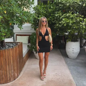 "Midnight In Boca" Black Cut Out Halter Mini Dress