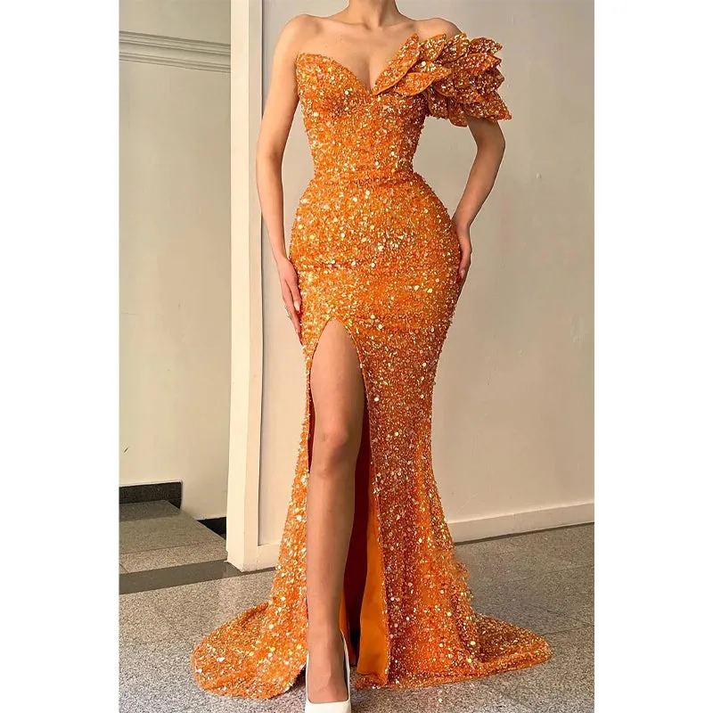 Sexy V-neck Sequins High Split Sparkly Prom Dress