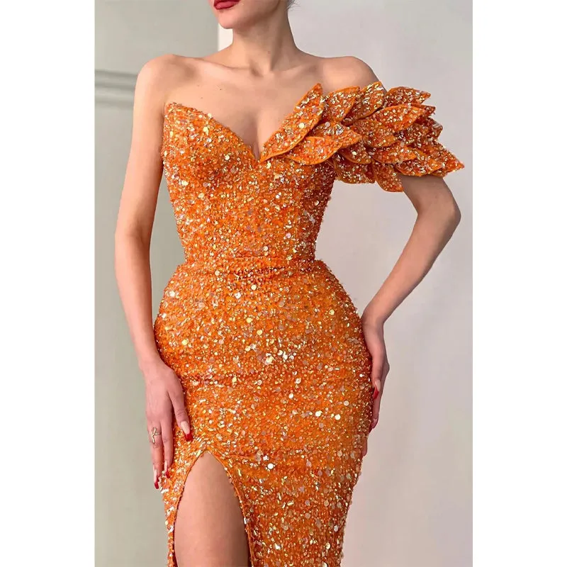 Sexy V-neck Sequins High Split Sparkly Prom Dress