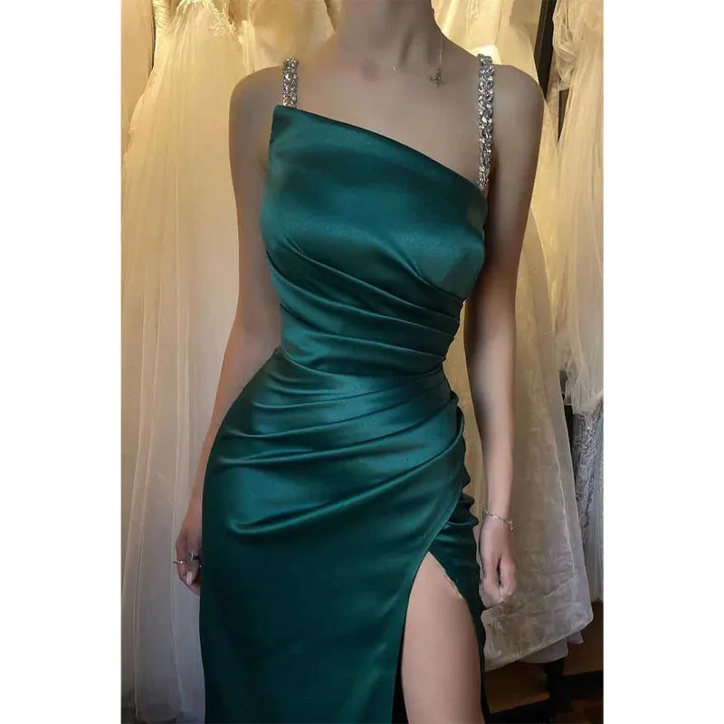 Sheath/column Beads Strapls Long Green Formal Party Dress with Slit