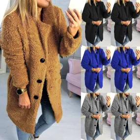 Sidiou Group Women Winter Warm Fluffy Coat Long Knee Jacket Teddy Bear Button Outwear