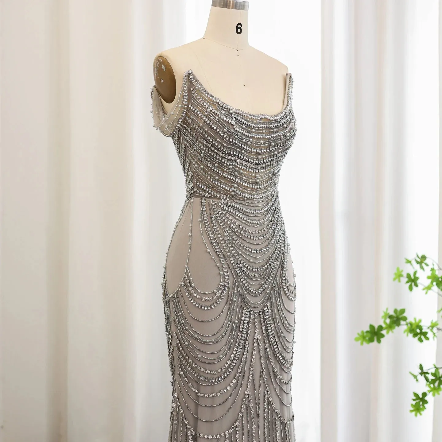 Silver Gray Crystal Mermaid Evening Gown
