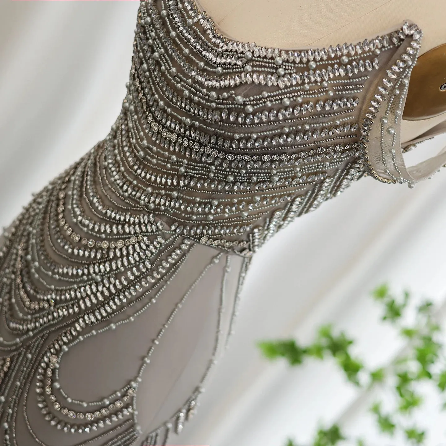Silver Gray Crystal Mermaid Evening Gown